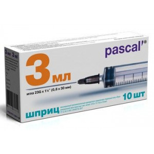 ПАСКАЛЬ ШПРИЦ 3-Х КОМП. 3МЛ. С ИГЛОЙ 23G 0,6Х30ММ. №10 [PASCAL]