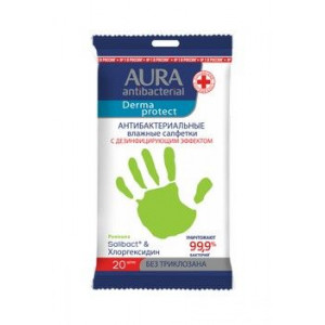 АУРА ДЕРМА ПРОТЕКТ САЛФЕТКИ ВЛАЖН. А/БАКТ. РОМАШКА №20 ПОКЕТ-ПАК [AURA]